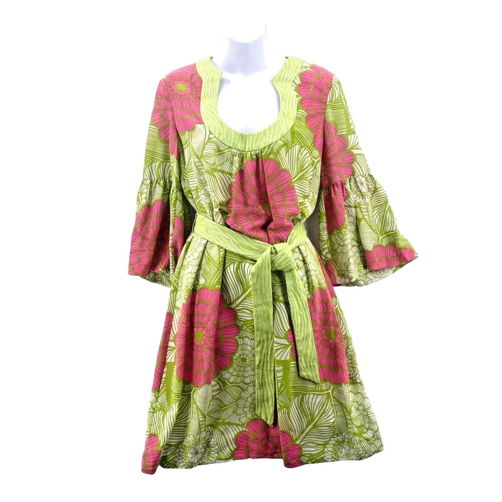 Trina Turk Silk Dress 8 Floral Print Shift Coastal Preppy Retro USA with belt